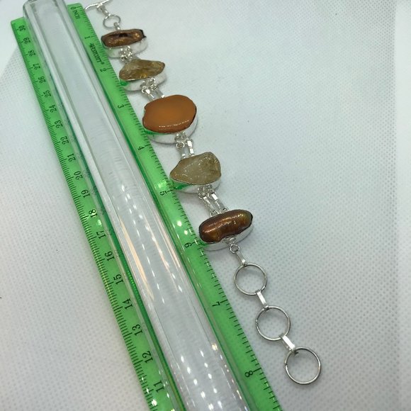 925 Sterling Solar Agate, Pearl, Citrine, Bracelet - Picture 6 of 7